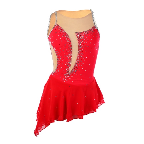 

Figure Skating Dress Women's Girls' Ice Skating Dress Outfits Red Patchwork Asymmetric Hem Mesh Elastane High Elasticity Competition Skating Wear Handmade Patchwork Sleeveless Ice Skating Figure