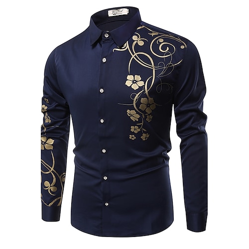 

Men's Shirt Floral Classic Collar Daily Going out Long Sleeve Slim Tops Streetwear White Black Royal Blue / Fleece Lining / Fall / Spring