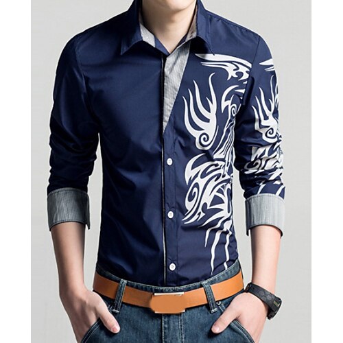 

Men's Dress Shirt Geometric Tribal Collar Classic Collar Purple Yellow Light Green Navy Blue Red Plus Size Daily Long Sleeve Print Clothing Apparel Vintage / Spring / Fall / Slim