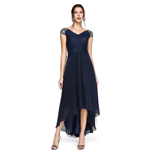 

Sheath / Column Minimalist Elegant Open Back Prom Formal Evening Dress V Neck V Back Short Sleeve Asymmetrical Tulle with Criss Cross Pleats Beading 2022