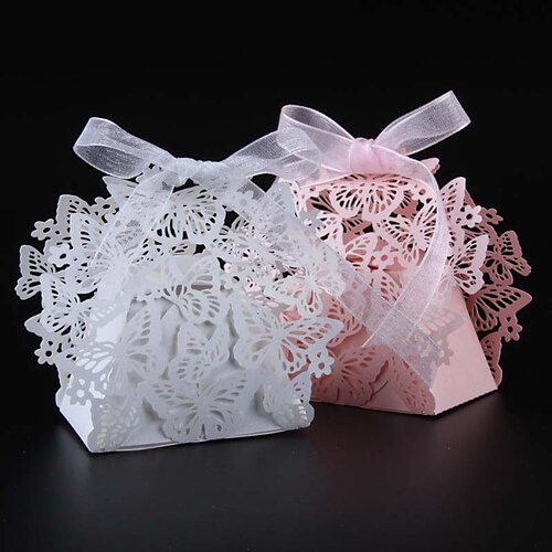 Round / Square Pearl Paper Favor Holder with Ribbons / Printing Favor Boxes - 50