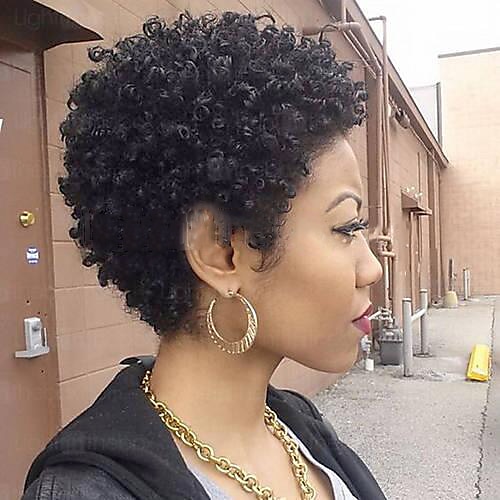 Mistura do cabelo humano Peruca Curto Encaracolado Corte Pixie Penteados Curtos 2020 baga Encaracolado Natureza negra Para Mulheres Negras Fabrico à Máquina Mulheres Preto Natural # 1B Castanho Médio