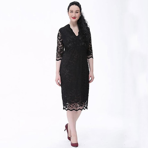 

Women's Lace Knee Length Dress Black Beige Solid Colored Lace Spring Summer V Neck Vintage Lace XL XXL 3XL 4XL 5XL 6XL / Plus Size / Plus Size