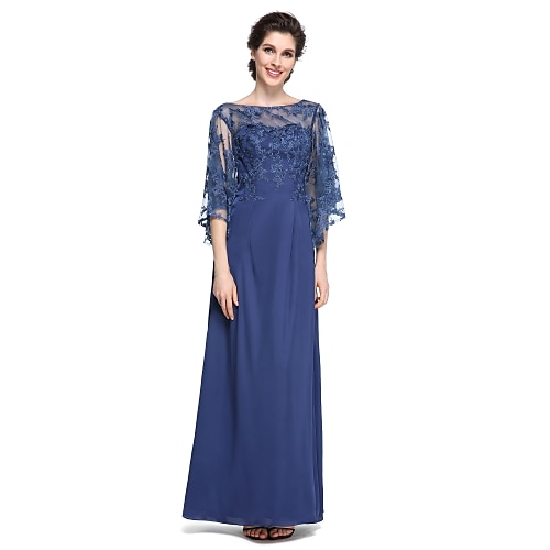 

Sheath / Column Mother of the Bride Dress Elegant See Through Bateau Neck Ankle Length Chiffon Lace Half Sleeve with Lace 2022