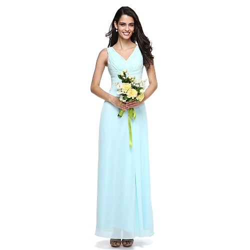 

Sheath / Column Bridesmaid Dress V Neck Sleeveless Elegant Floor Length Chiffon with Criss Cross / Side Draping 2022