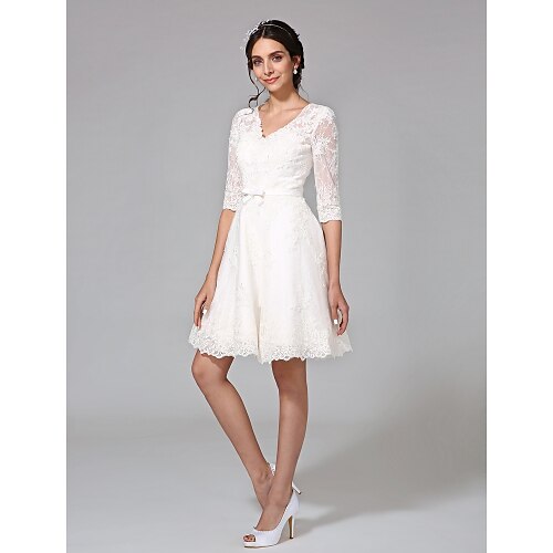 

A-Line Wedding Dresses V Neck Knee Length All Over Lace 3/4 Length Sleeve Formal Casual Vintage Cute Illusion Sleeve with Bowknot Sash / Ribbon Bow(s) 2022