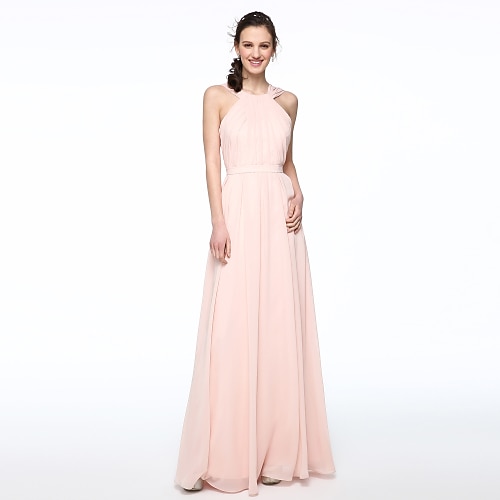

A-Line Bridesmaid Dress Jewel Neck / Cross Front Sleeveless Elegant Floor Length Chiffon with Sash / Ribbon / Pleats 2022