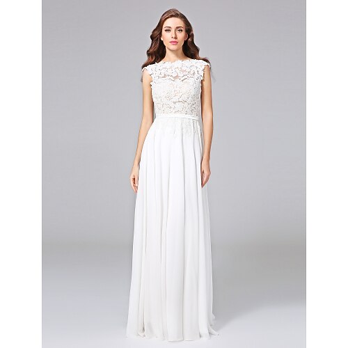 

Sheath / Column Wedding Dresses Bateau Neck Sweep / Brush Train Chiffon Floral Lace Cap Sleeve Romantic Illusion Detail Backless with Bowknot Sash / Ribbon 2022