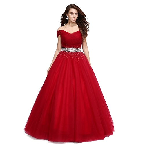 

Ball Gown Elegant Dress Formal Evening Floor Length Sleeveless V Wire Tulle with Beading Sequin 2022