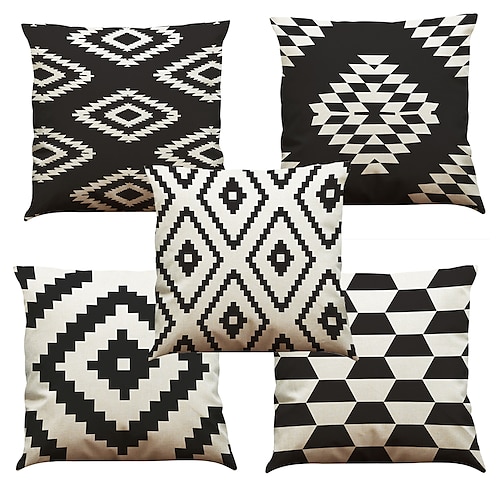 

Set of 5 Solid Colored Floral Plaid Natural / Organic Pillow Cover , Casual Retro Traditional / Classic Throw Pillow Outdoor Cushion for Sofa Couch Bed Chair 4545CM Black White