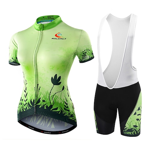 

Malciklo Women's Short Sleeve Cycling Jersey with Bib Shorts - Green / Black Floral Botanical Bike Shorts Jersey Bib Tights Breathable Quick Dry Anatomic Design Ultraviolet Resistant Reflective Strips