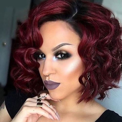 

Red Wigs for Women Synthetic Wig Wavy Kardashian Wavy Bob Wig Short Black / Red Synthetic Hair Ombre Hair Dark Roots Side Part Black