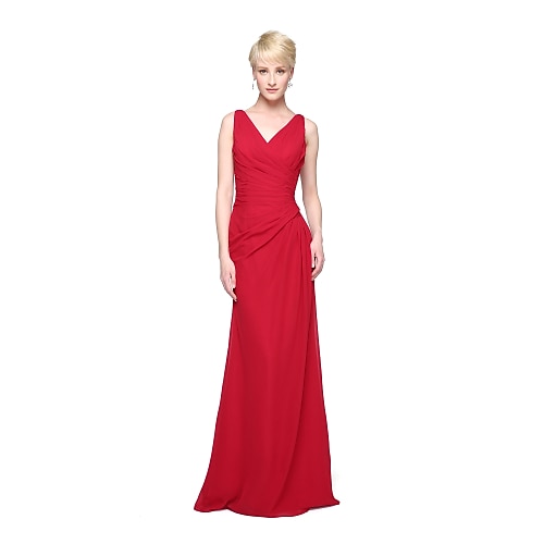 

Sheath / Column Bridesmaid Dress V Neck Sleeveless Elegant Floor Length Chiffon with Pleats 2022