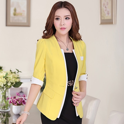 

Women's Blazer Work Solid Colored Regular Fit Others Men's Suit Yellow / Blushing Pink / White - Round Neck / Spring