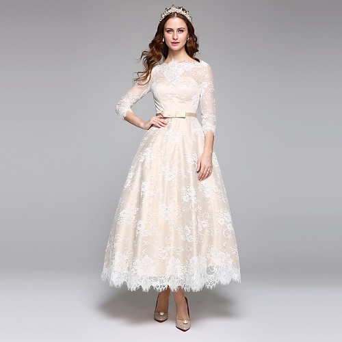 

A-Line Wedding Dresses Bateau Neck Ankle Length Lace Over Satin 3/4 Length Sleeve Casual Boho See-Through Cute Illusion Sleeve with Lace Sash / Ribbon 2022
