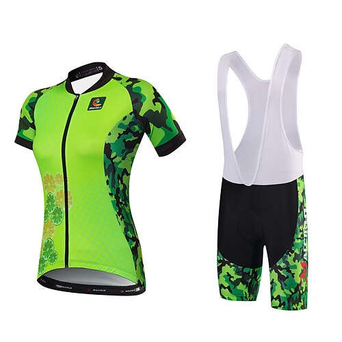 

Malciklo Women's Short Sleeve Cycling Jersey with Bib Shorts Light Green Camo / Camouflage Plus Size Bike Jersey Bib Tights Clothing Suit Breathable Quick Dry Anatomic Design Reflective Strips Back