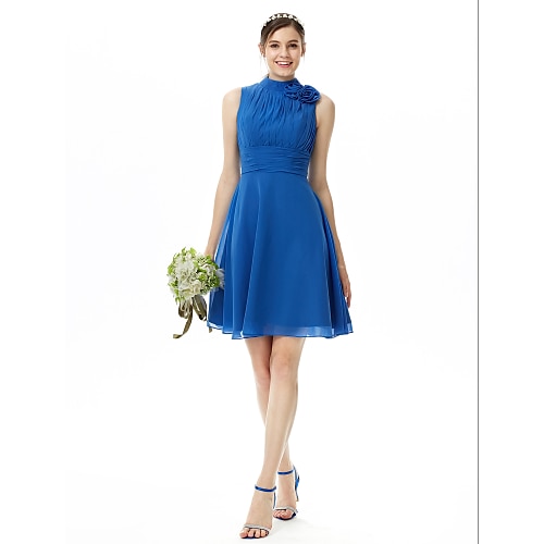 

A-Line Bridesmaid Dress High Neck Sleeveless Knee Length Chiffon with Pleats / Ruched / Flower 2022