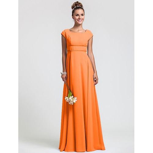 

Sheath / Column Bridesmaid Dress Square Neck Short Sleeve Elegant Floor Length Chiffon with Sash / Ribbon / Pleats 2022