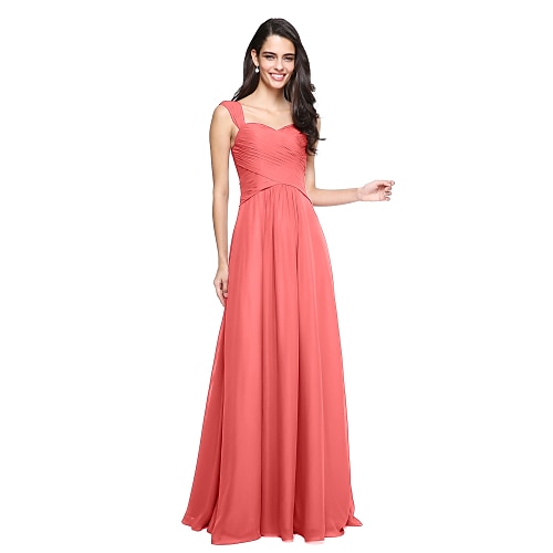 

A-Line Bridesmaid Dress Straps Sleeveless Elegant Floor Length Chiffon with Criss Cross / Ruched 2022