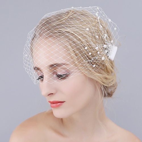 

One-tier Cut Edge Wedding Veil Blusher Veils with Pearl Mesh / Birdcage