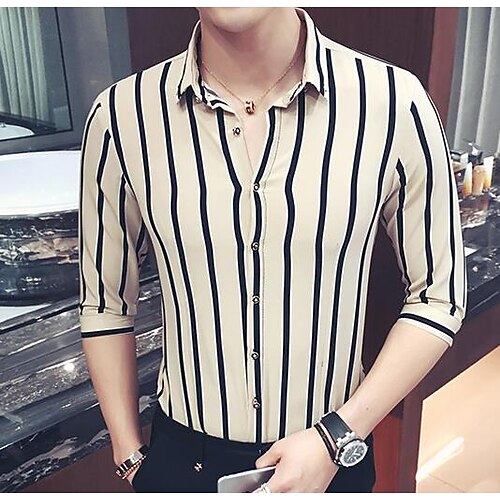 

Men's Shirt Striped Plus Size Classic Collar Daily Weekend Stripe Long Sleeve Slim Tops Black Khaki / Fall / Spring