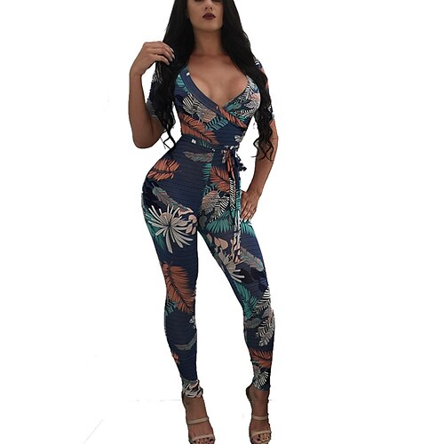

Women's Jumpsuit Print Deep V Vintage Daily Holiday Skinny Half Sleeve Blue S M L Fall / Boho