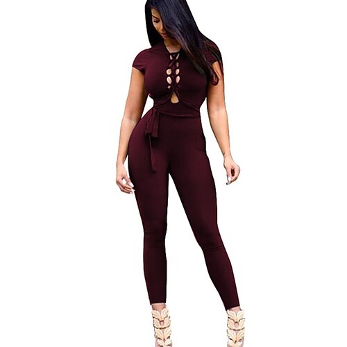 

Women's Jumpsuit Cut Out Solid Colored Round Neck Active Sports Skinny Short Sleeve Wine S M L Summer