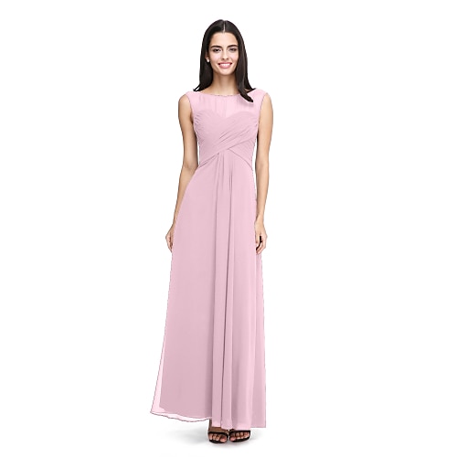 

A-Line Bridesmaid Dress Bateau Neck Sleeveless See Through Ankle Length Chiffon with Criss Cross / Side Draping 2022