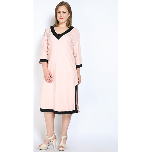 

Women's Loose Midi Dress Blue Black Pink Light Green Dusty Rose Color Block Split V Neck L XL XXL 3XL 4XL 5XL 6XL 7XL / Plus Size / Plus Size