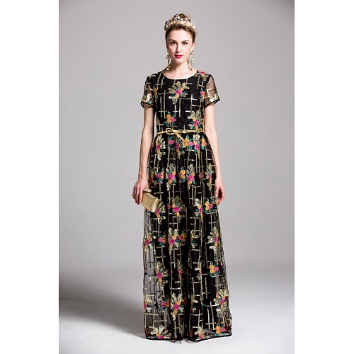 

Women's Swing Dress Maxi long Dress Black Yellow Short Sleeve Embroidered Spring Summer Round Neck Embroidery M L XL XXL / Sequins / Floral