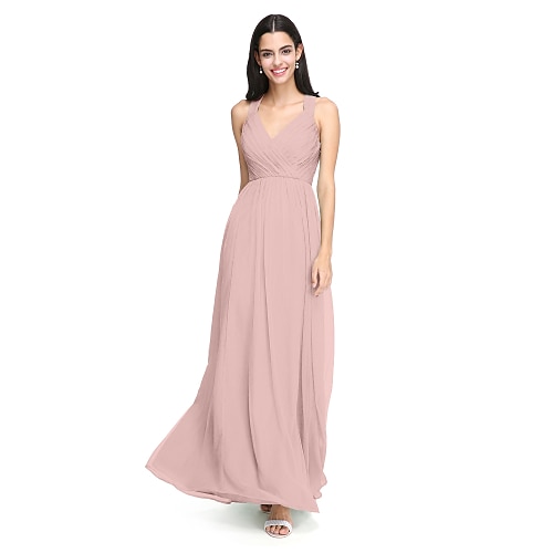 

A-Line Bridesmaid Dress Straps Sleeveless Elegant Floor Length Chiffon with Criss Cross / Ruched 2022