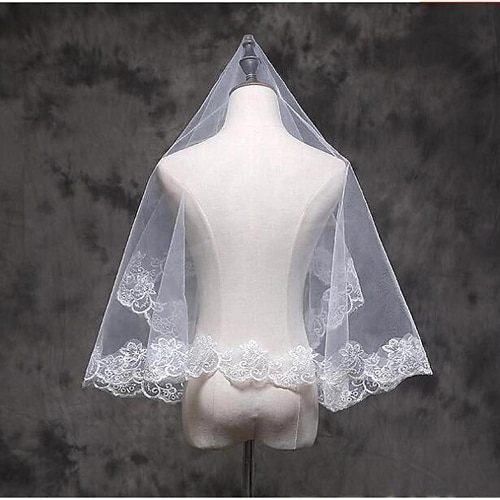 

One-tier Lace Applique Edge Wedding Veil Elbow Veils / Fingertip Veils with Appliques Lace / Tulle / Classic