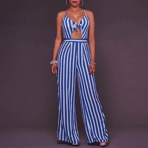 

Women's Jumpsuit Striped V Neck Daily Loose Regular Fit Sleeveless Blue Light Blue S M L Summer