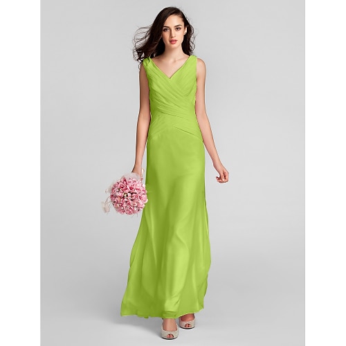 

Sheath / Column Bridesmaid Dress V Neck Sleeveless Floor Length Chiffon with Criss Cross 2022