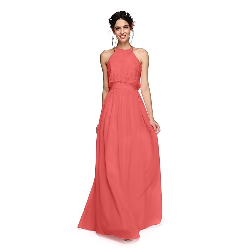 

A-Line Bridesmaid Dress Halter Neck Sleeveless Elegant Floor Length Chiffon with Criss Cross / Ruched 2022