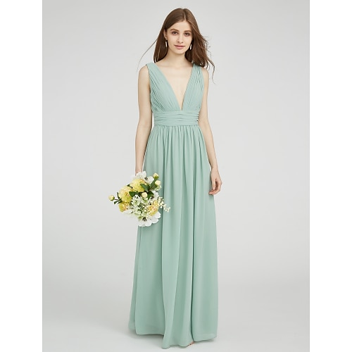 

Sheath / Column Bridesmaid Dress V Neck Sleeveless Elegant Floor Length Chiffon with Ruched / Side Draping 2022