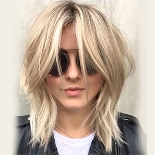 

Human Hair Blend Wig Medium Length Wavy Layered Haircut Short Hairstyles 2020 With Bangs Berry Wavy Side Part Machine Made Women's Platinum Blonde 12 inch