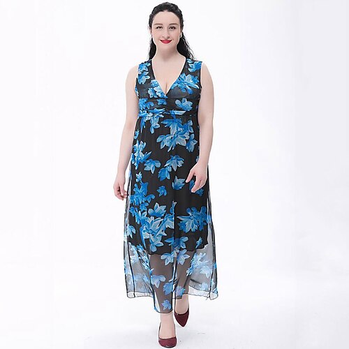 

Women's Chiffon Dress Maxi long Dress Blue Sleeveless Pleated Print Summer Deep V Boho L XL XXL 3XL 4XL 5XL / Plus Size / Plus Size