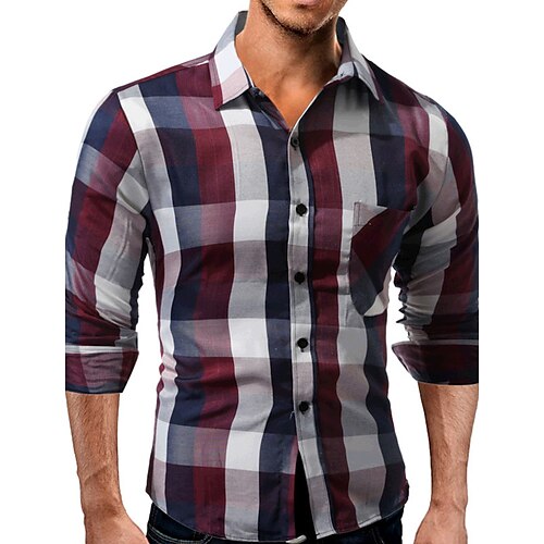 

Men's Shirt Check Shirt Collar Daily Work Long Sleeve Tops Cotton Casual Chinoiserie Red Brown / Fall / Spring