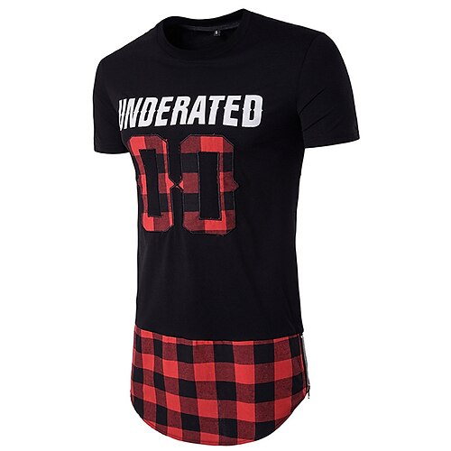 

Men's T shirt Plaid Letter Round Neck Daily Sports Patchwork Short Sleeve Slim Tops Cotton Active White Black / Summer / Long