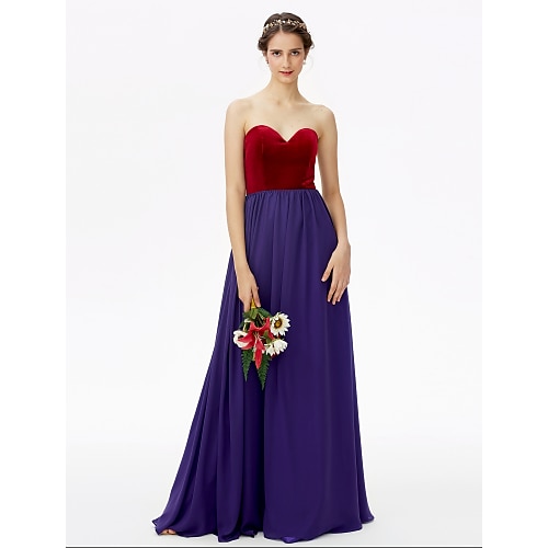 

A-Line Bridesmaid Dress Sweetheart Neckline Sleeveless Color Block Floor Length Chiffon / Velvet with Pleats 2022