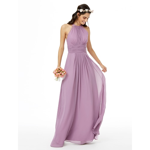 

Sheath / Column Bridesmaid Dress Jewel Neck Sleeveless Beautiful Back Floor Length Chiffon with Lace / Sash / Ribbon / Pleats 2022