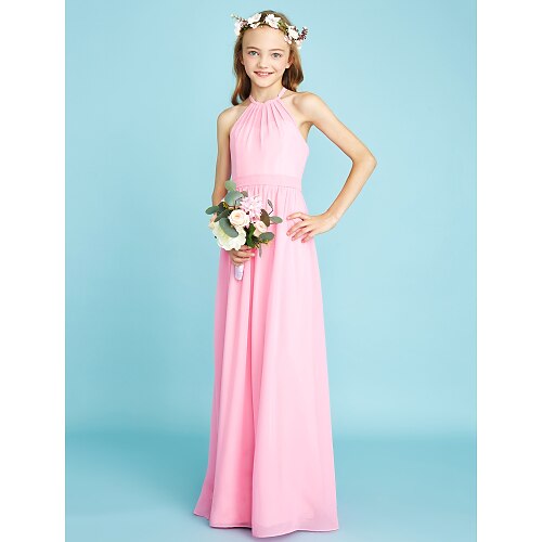 

A-Line Floor Length Halter Neck Chiffon Junior Bridesmaid Dresses&Gowns With Sash / Ribbon Wedding Party Dresses 4-16 Year