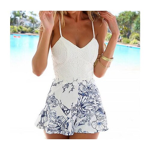 

Women's Romper Lace Print Floral Strap Boho Daily Weekend A Line Regular Fit Sleeveless White S M L Summer / High Waist