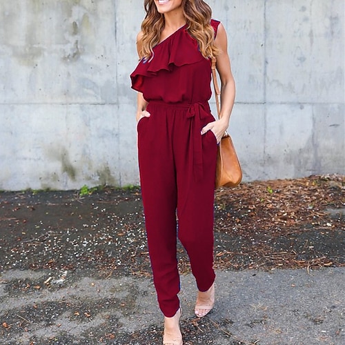 

Women's Jumpsuit Ruffle Solid Colored One Shoulder Daily Going out Regular Fit Sleeveless Green Blue Black S M L Spring