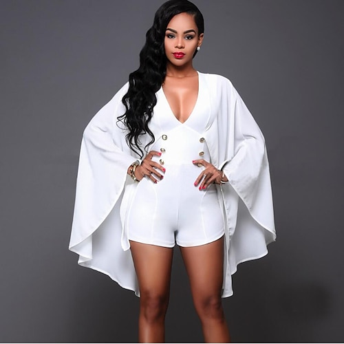 

Women's Romper Pure Color Solid Color V Neck Daily Straight Sleeveless Butterfly Sleeves White Black S M L Spring