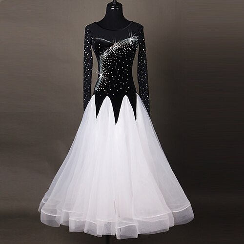 

Ballroom Dance Dress Appliques Splicing Paillette Women's Performance Long Sleeve High Chinlon