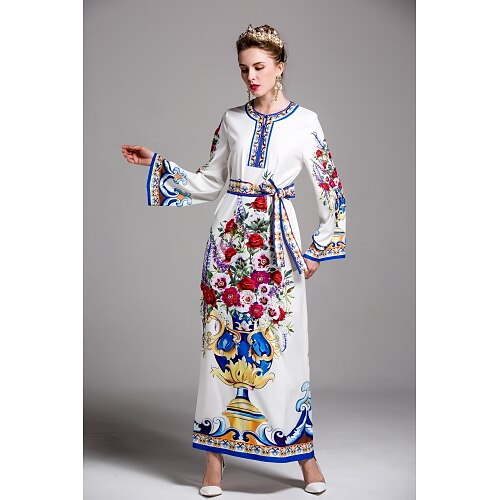 

Women's Jalabiya Maxi long Dress White Long Sleeve Print Spring Summer Round Neck Party Floral S M L XL
