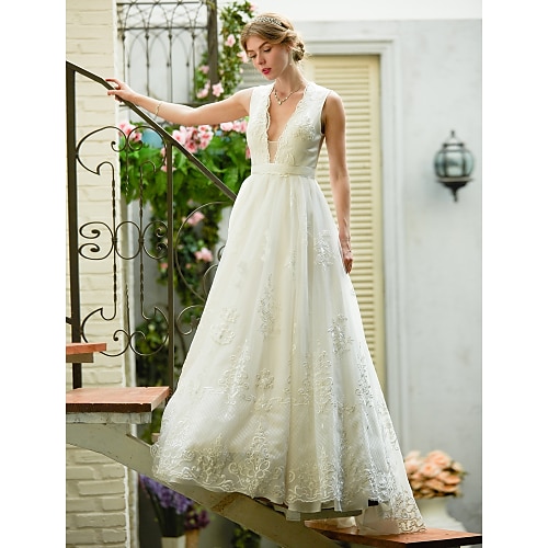 

A-Line Wedding Dresses Plunging Neck Sweep / Brush Train Lace Over Tulle Sleeveless See-Through Beautiful Back Illusion Detail with Sash / Ribbon Appliques 2022