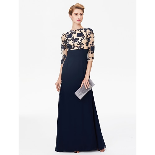 

Sheath / Column Mother of the Bride Dress Color Block Beautiful Back Bateau Neck Floor Length Chiffon Floral Lace 3/4 Length Sleeve with Lace 2022